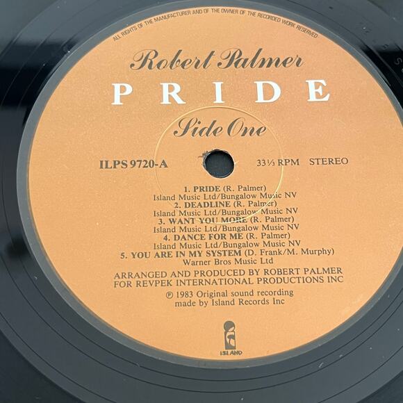 Robert Palmer Pride Vinyl LP 1983 UK Island Records ILPS 9720 - Picture 3 of 7